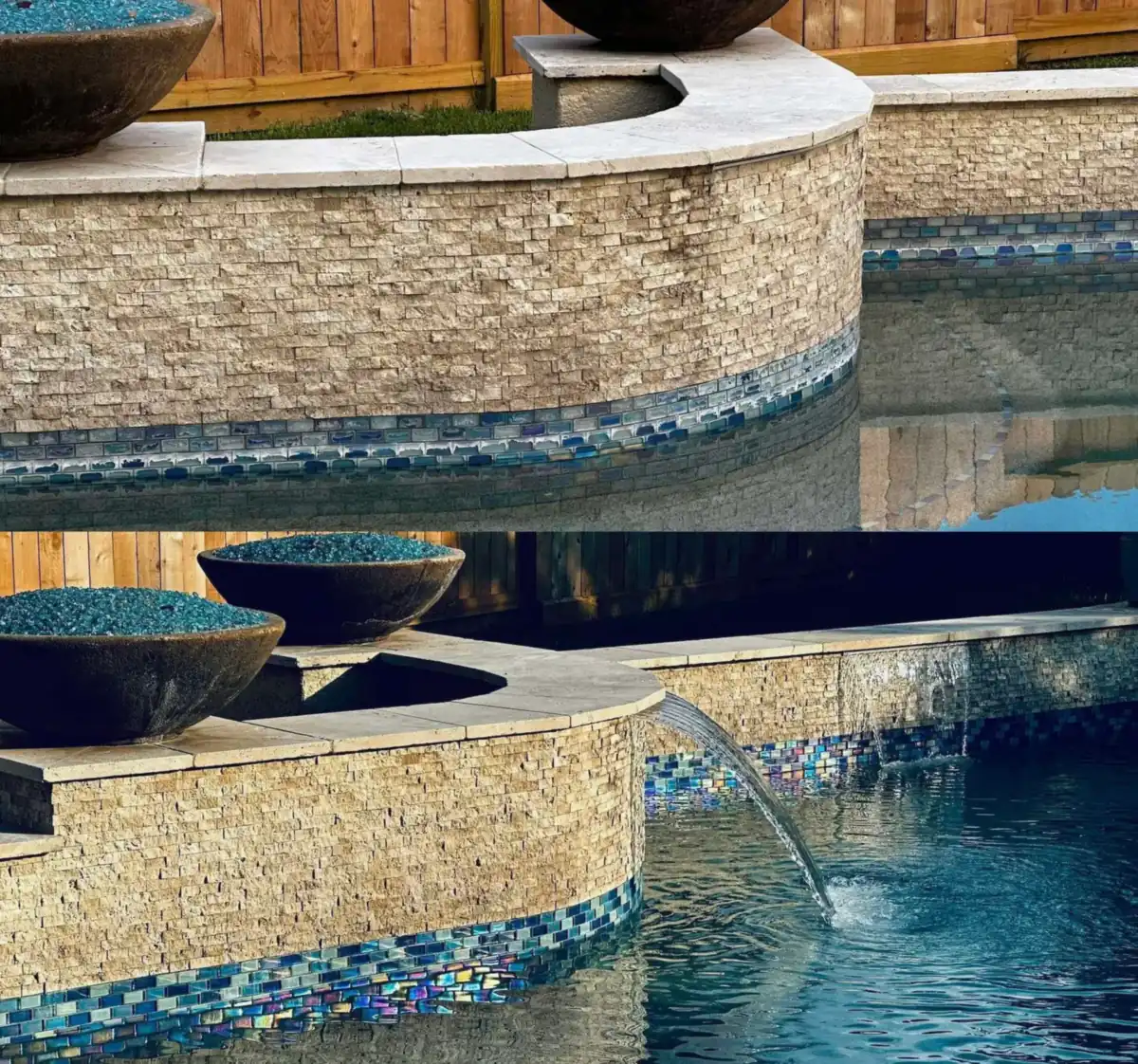 Restored pool with glass waterline tile and stone spa